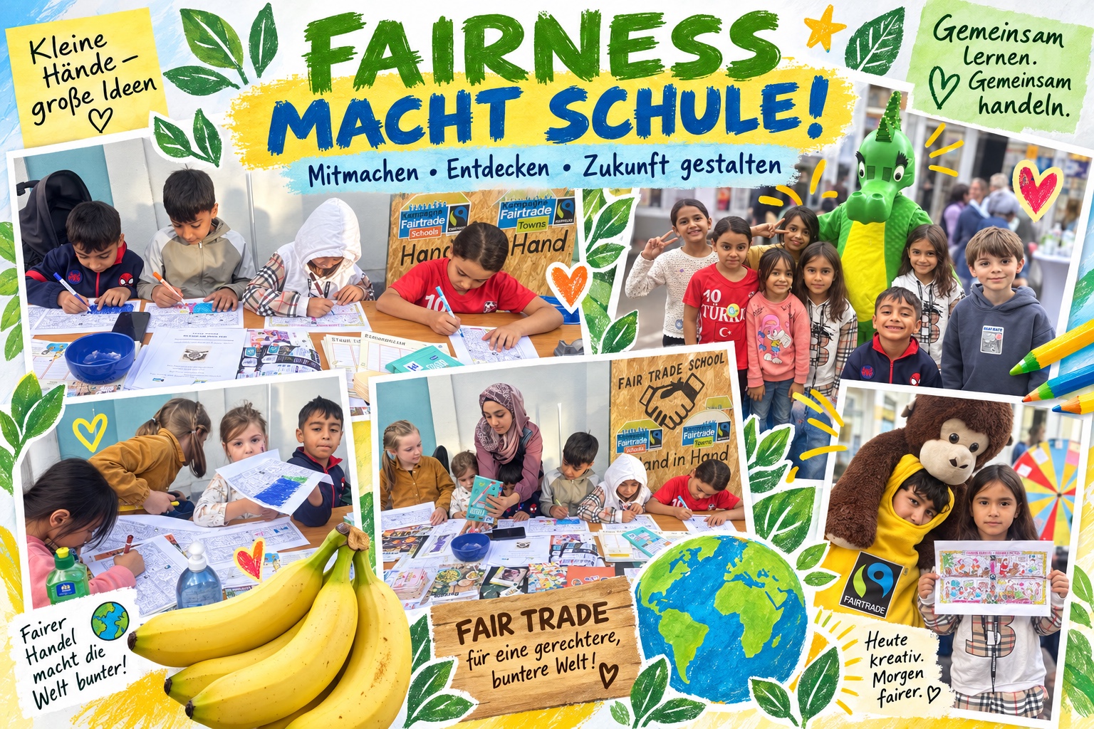 Kinder bei kreativen Fairtrade-Mitmachaktionen am Stand der Schule