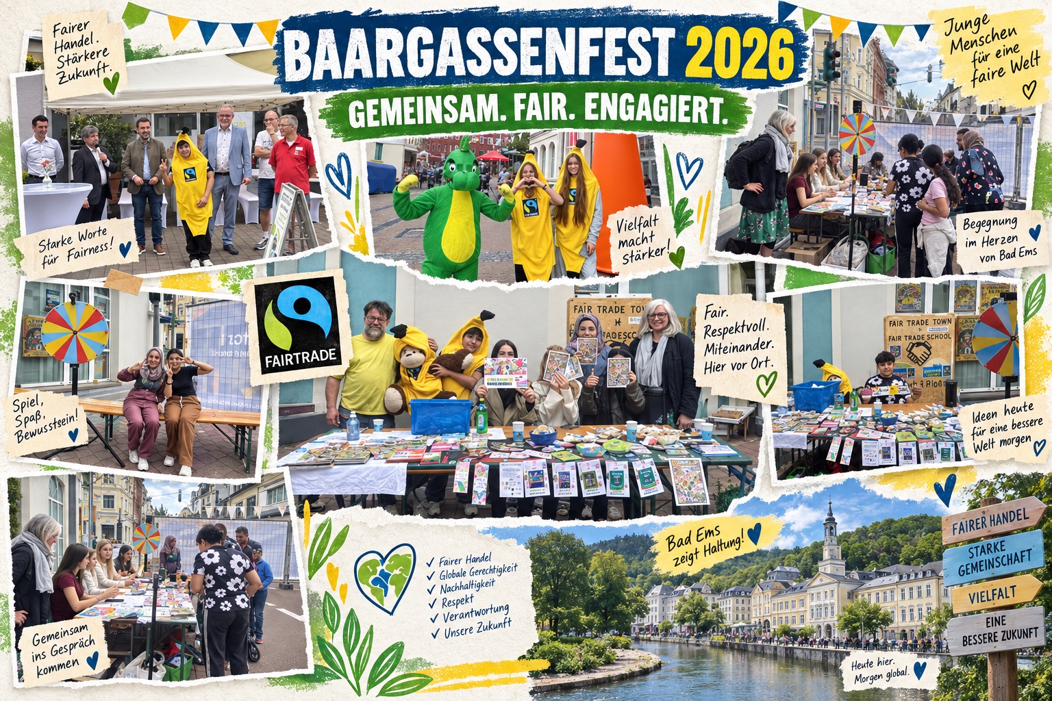 Collage vom Baargassenfest 2026 mit dem Stand der Schule, Fairtrade-Aktionen, Begegnungen und einer Ansicht von Bad Ems