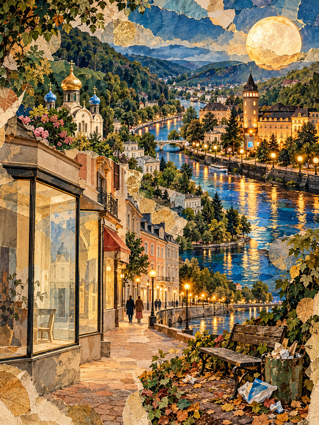 Surrealistische Collage von Bad Ems mit Lahn, Kurarchitektur, leerem Schaufenster und Spuren von Vernachlässigung
