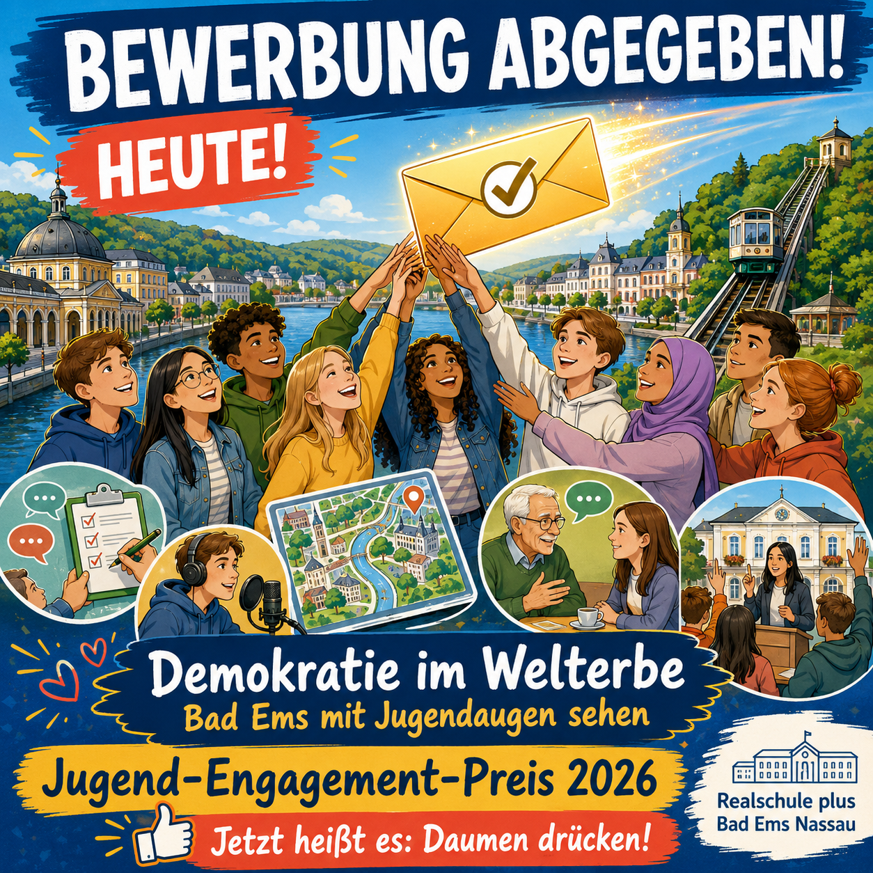 Cartoon: Die Jugendlichen reichen gemeinsam ihre Bewerbung für den Jugend-Engagement-Preis 2026 ein